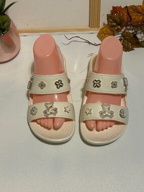 Women’s Cream Slide Sandals with Decorative Charms